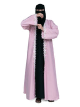Lace-Trim Open Abaya in Pink