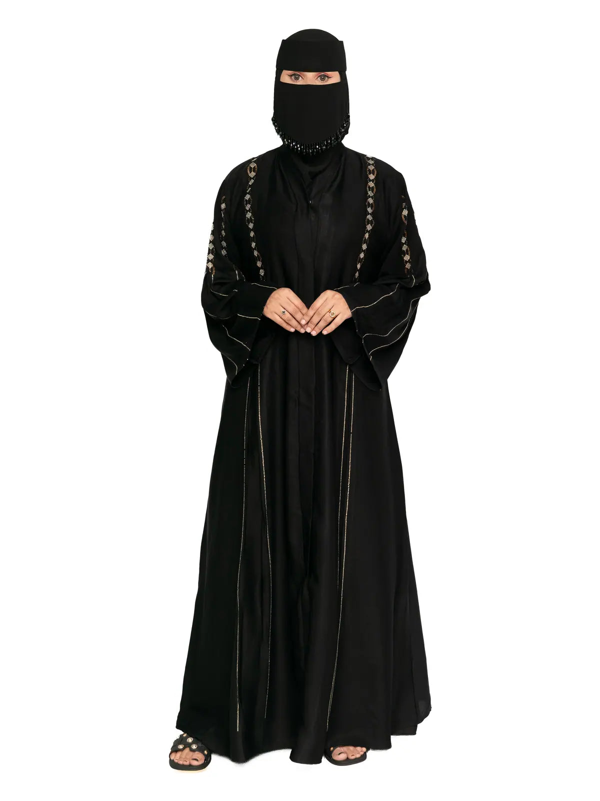Black Gold-Line Bell-Sleeve Abaya in Black