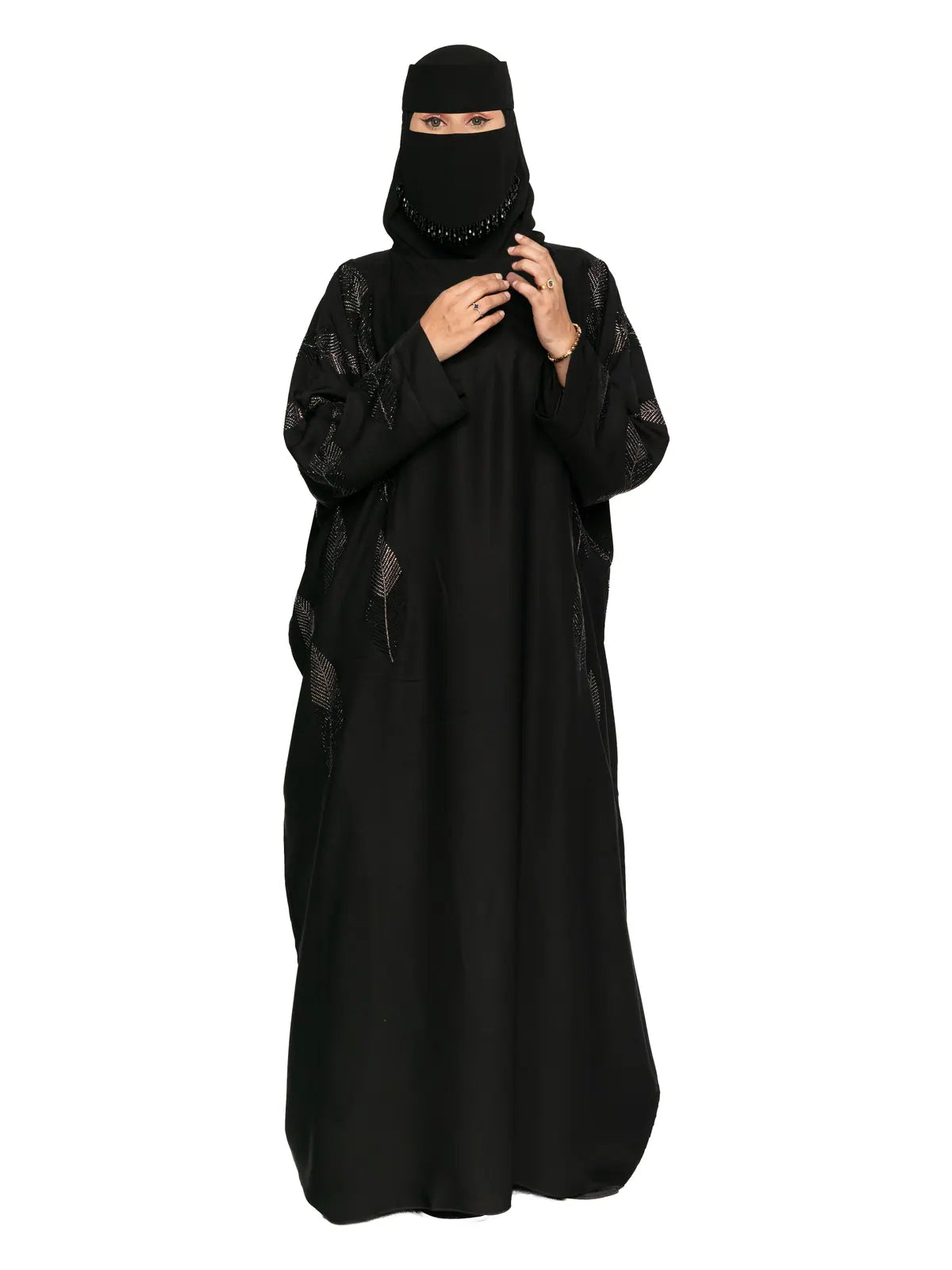 Black Leaf-Embroidered Batwing Abaya in Black