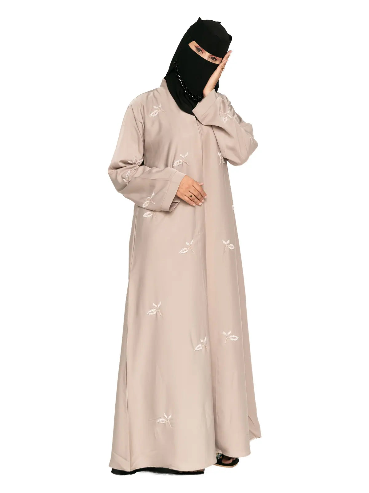 Leaf-Embroidered Abaya in Oat