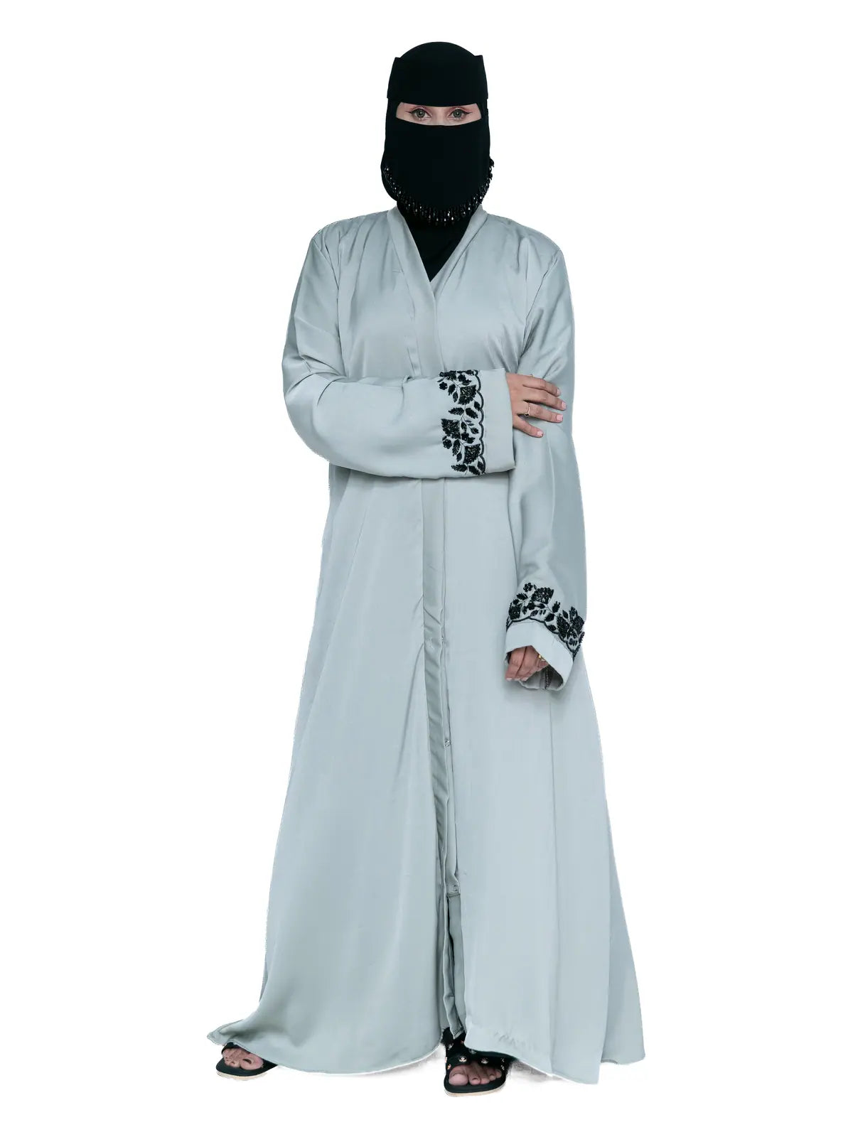 Embroidered-Cuff Abaya in Sage