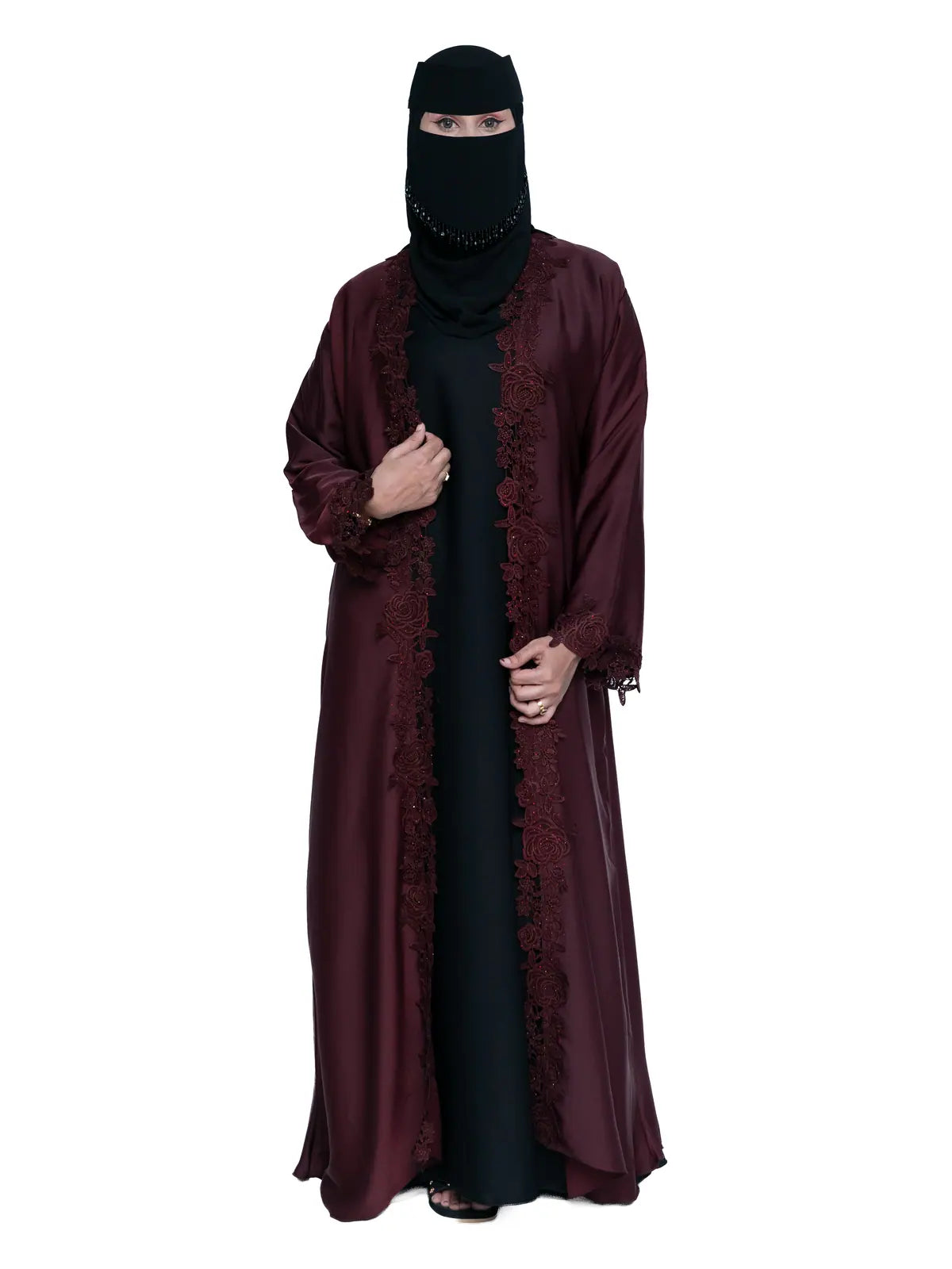 Lace-Trim Open Abaya in Wine