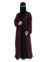Lace-Trim Open Abaya in Wine