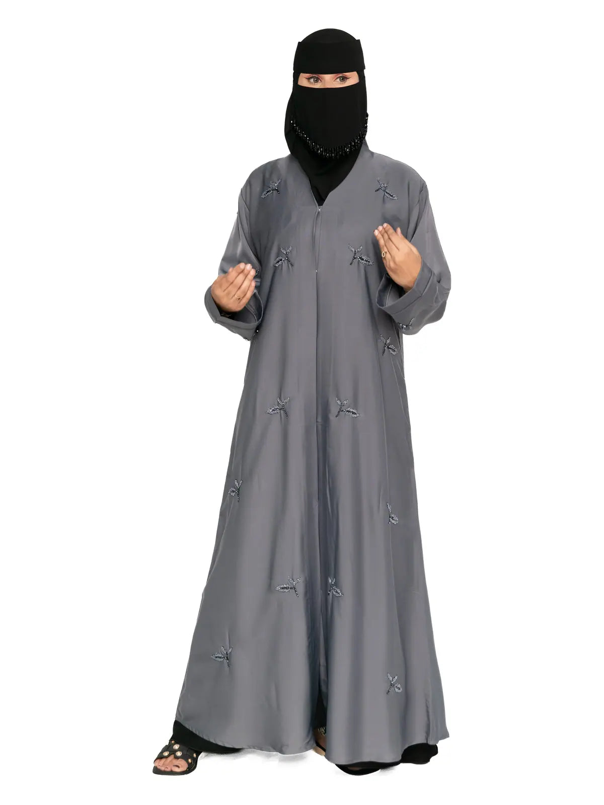 Leaf-Embroidered Abaya in Grey