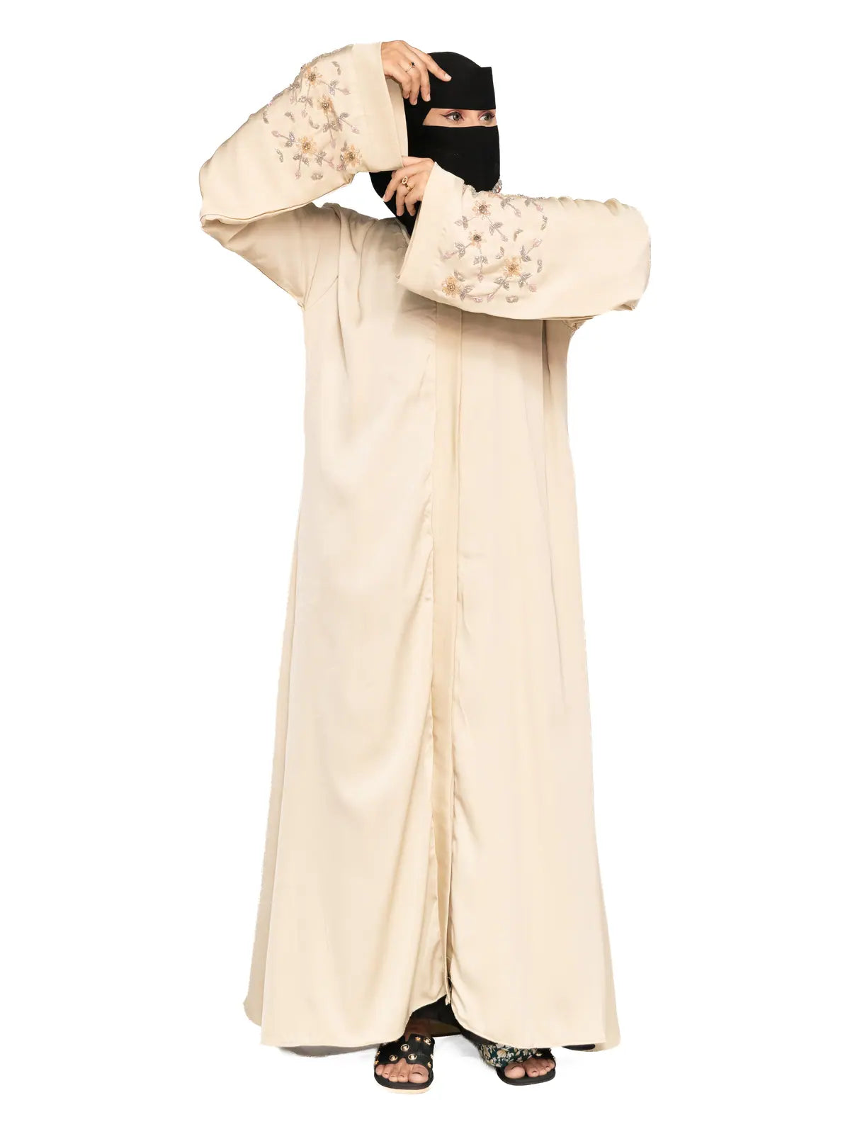 Cream Floral-Sleeve Abaya in Cream