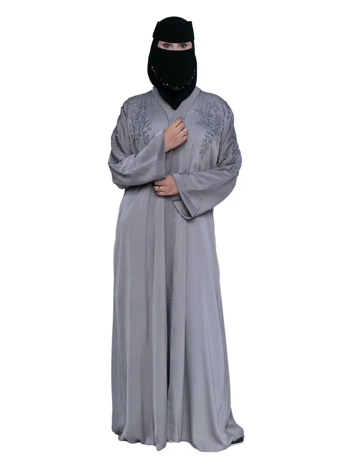 Grey Shoulder-Embroidered Abaya in Grey