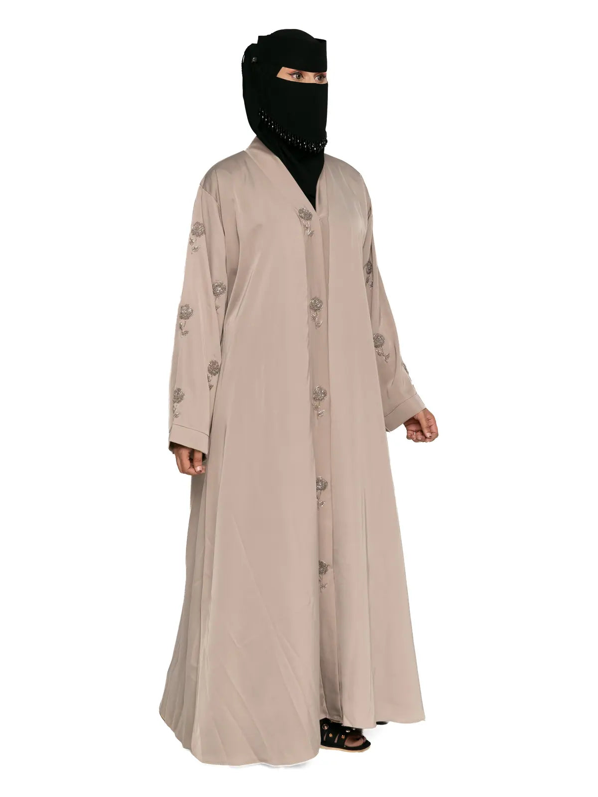Sprig-Embroidered Abaya in Taupe