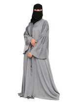 Grey Leaf-Print Bell-Sleeve Abaya in Grey