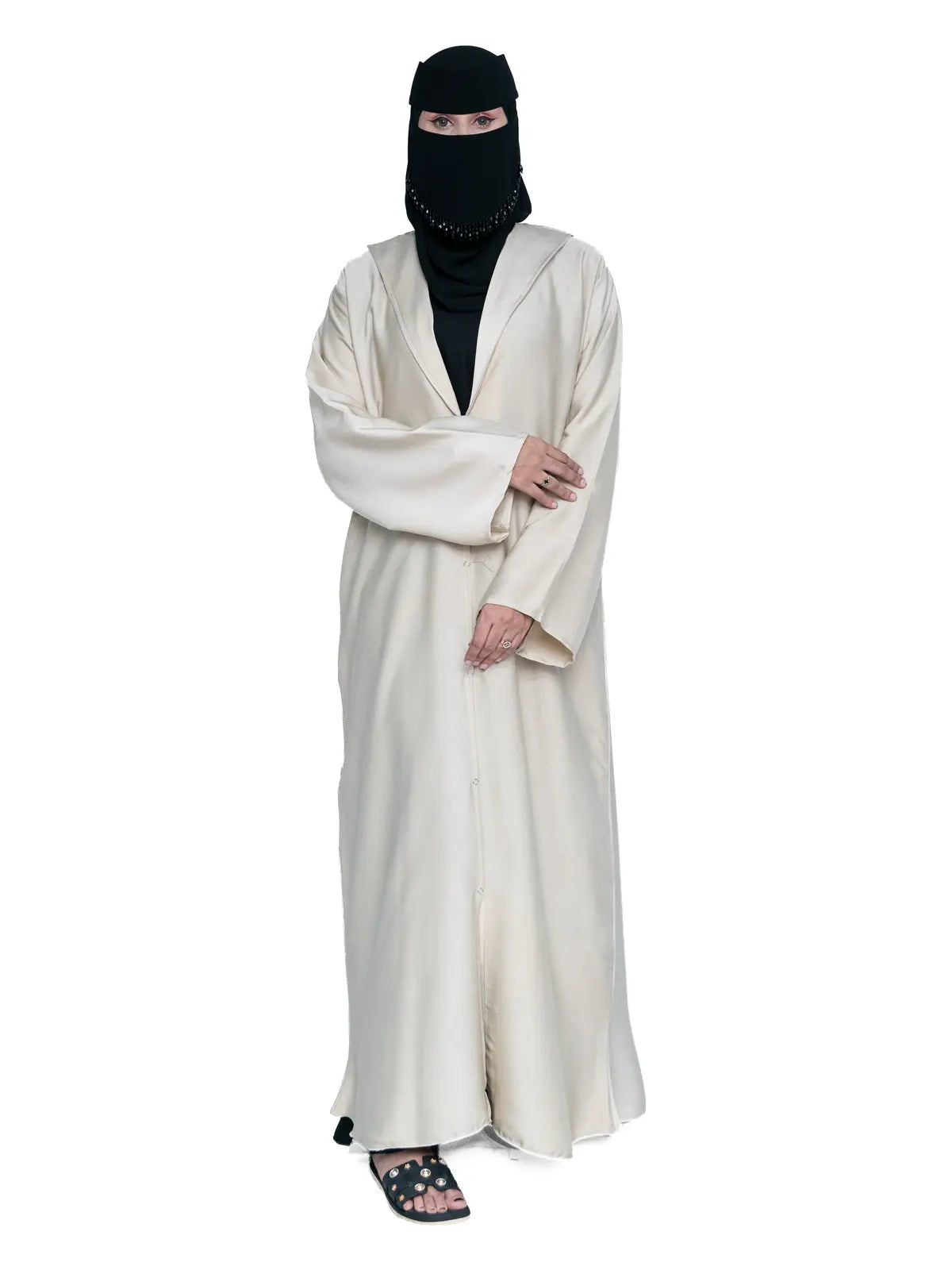 Hooded Button Abaya in Cream