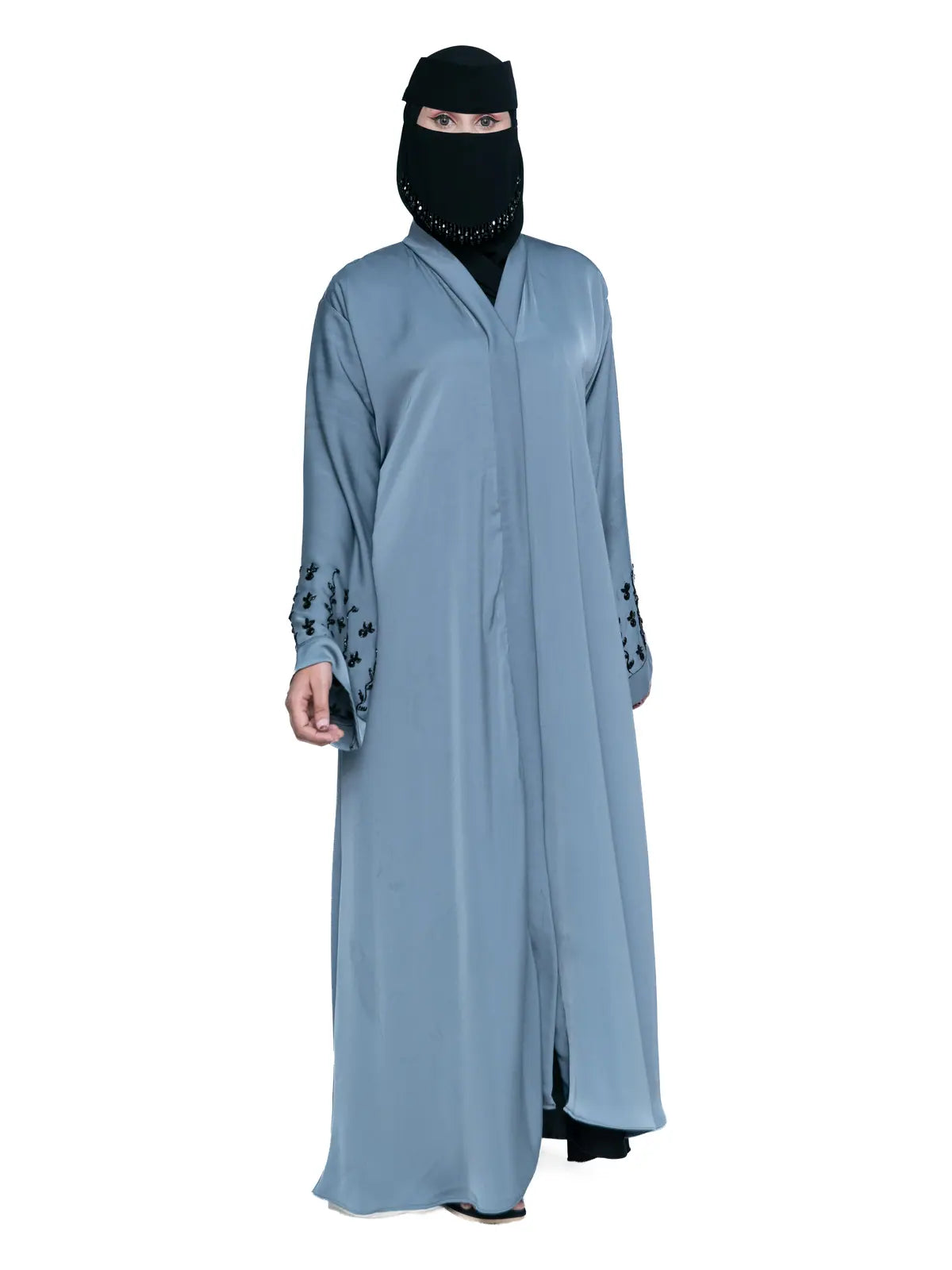 Embroidered-Cuff Abaya in Steel Blue