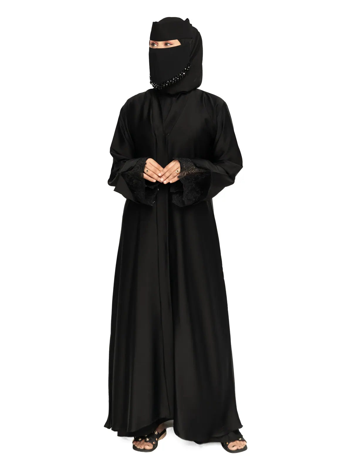Black Lace-Cuff Abaya in Black