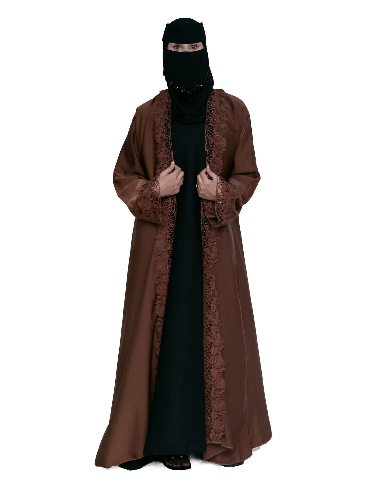 Lace-Trim Open Abaya in Chestnut