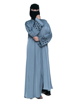 Embroidered-Cuff Abaya in Steel Blue