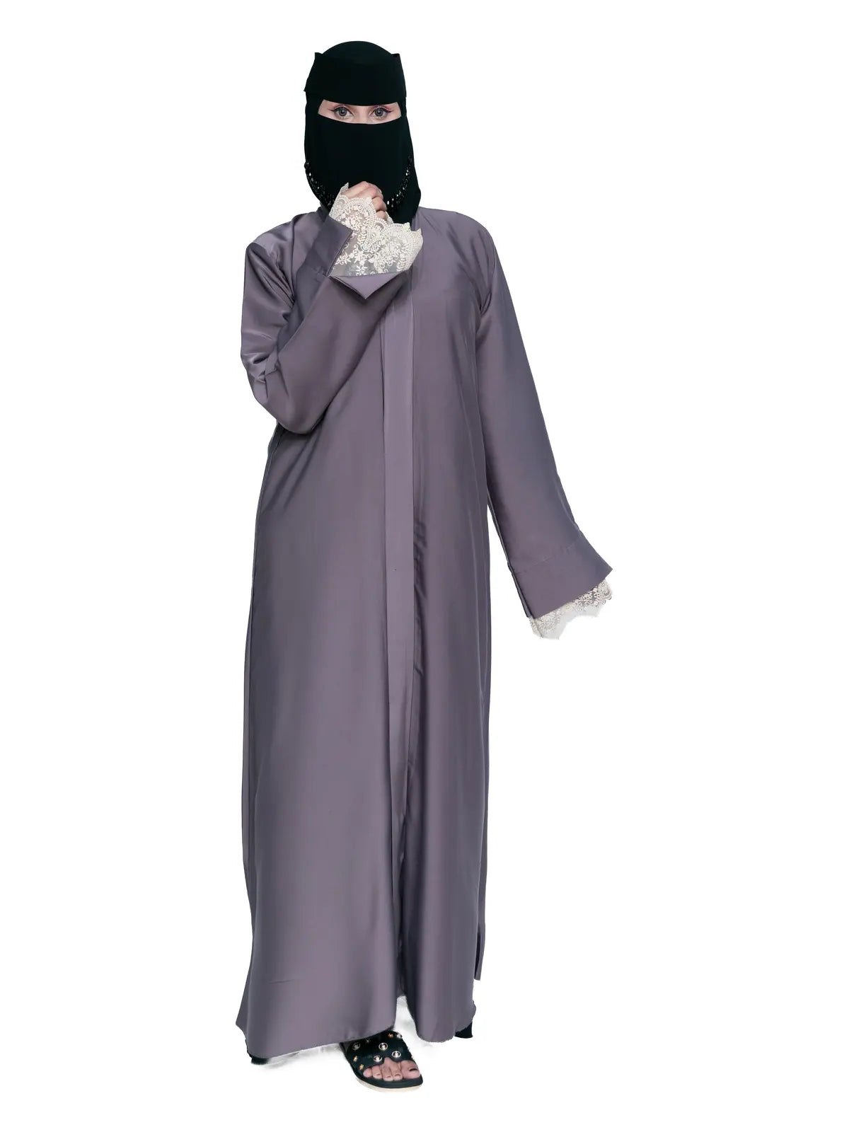 Lilac Lace-Cuff Abaya in Lilac