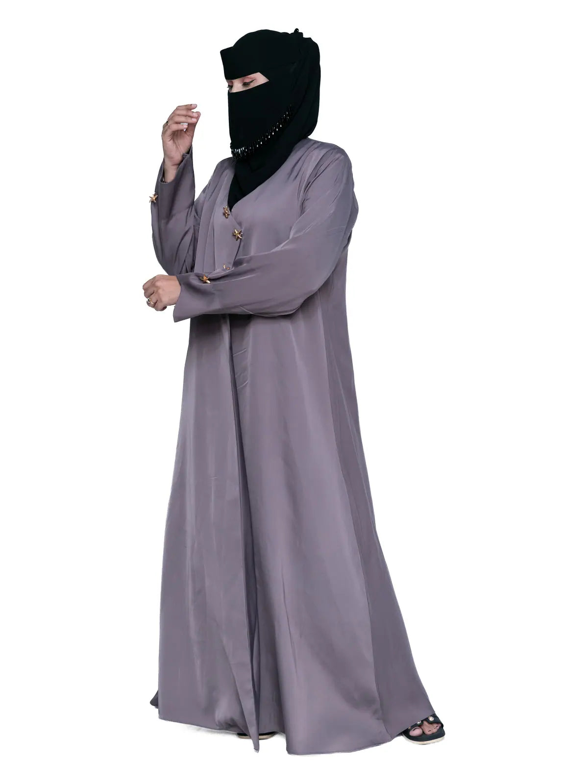 Grey Mauve Star-Button Wrap Abaya in Grey Mauve