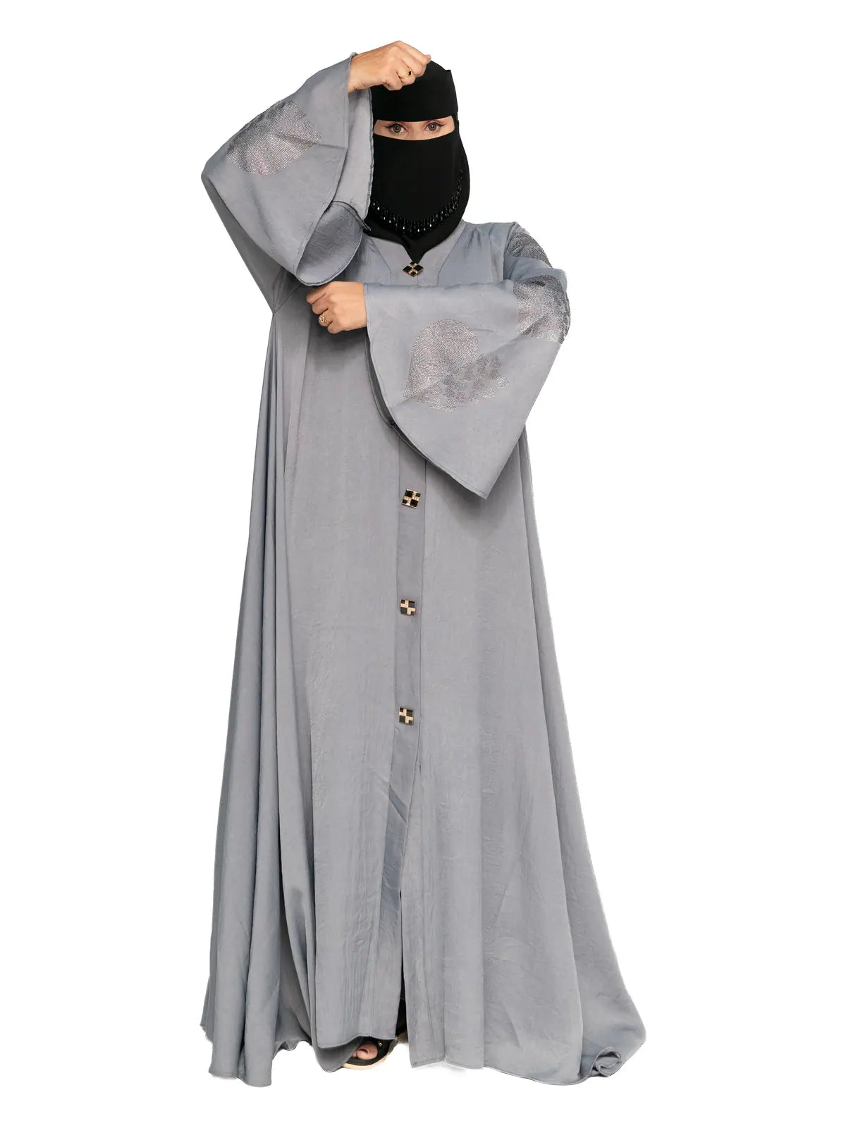 Grey Leaf-Print Bell-Sleeve Abaya in Grey