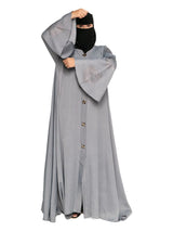 Grey Leaf-Print Bell-Sleeve Abaya in Grey