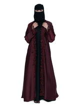 Lace-Trim Open Abaya in Wine