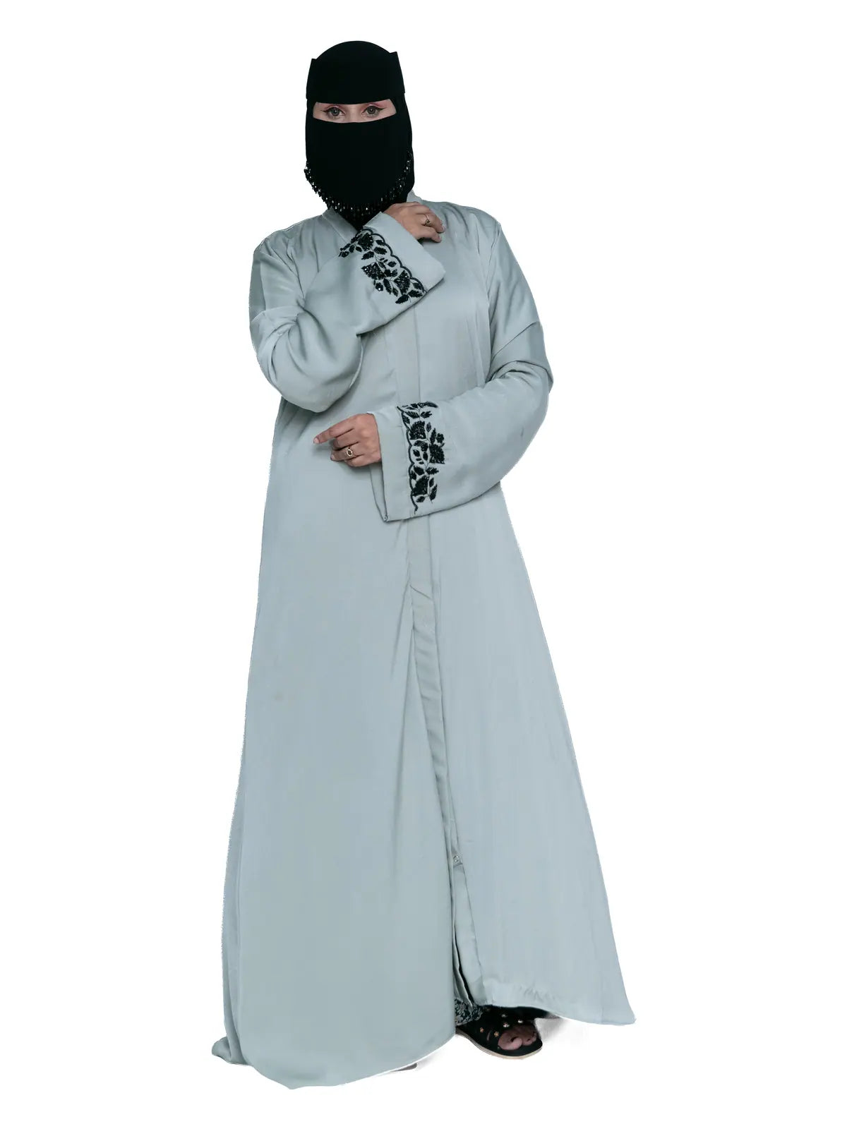 Embroidered-Cuff Abaya in Sage