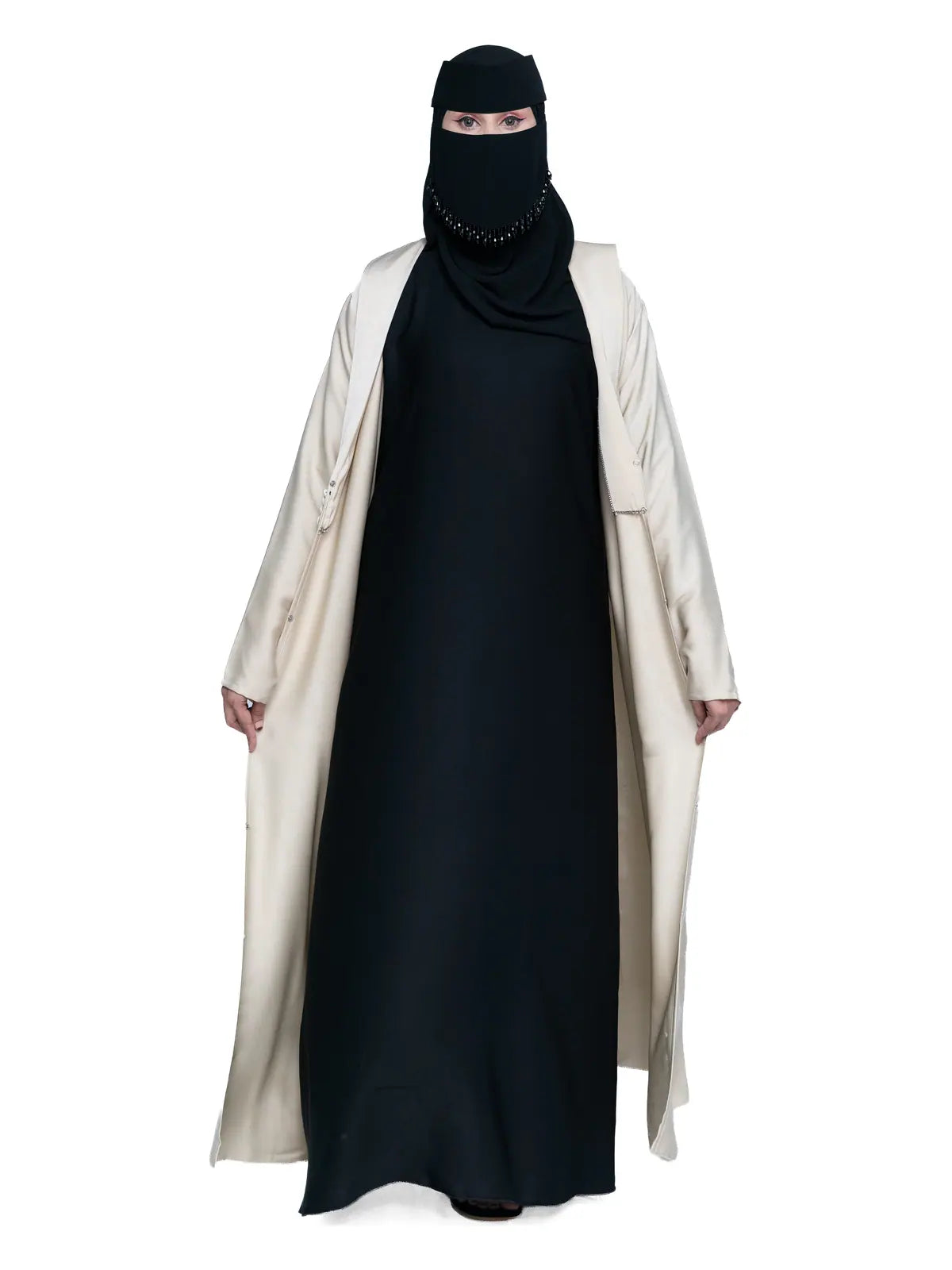 Hooded Button Abaya in Cream