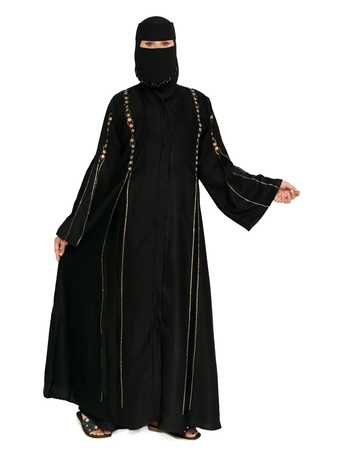 Black Gold-Line Bell-Sleeve Abaya in Black