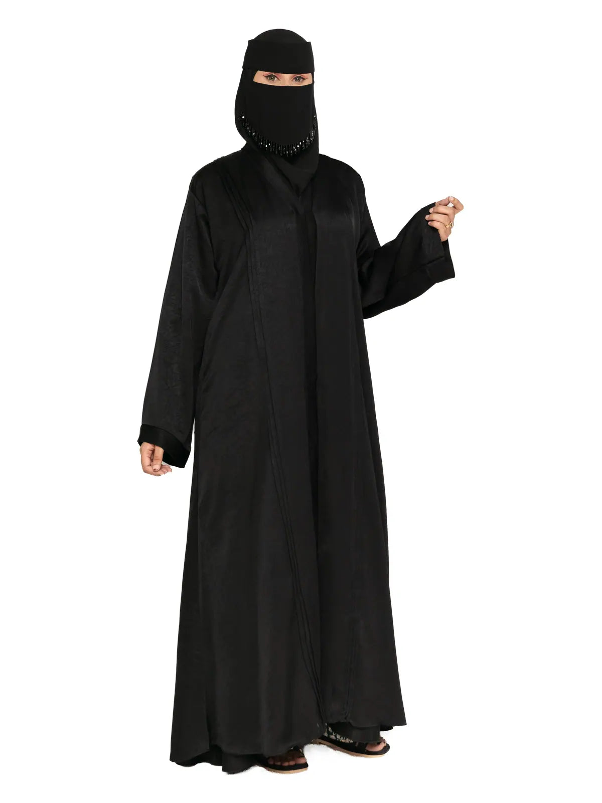 Black Crinkle-Satin Open Abaya in Black