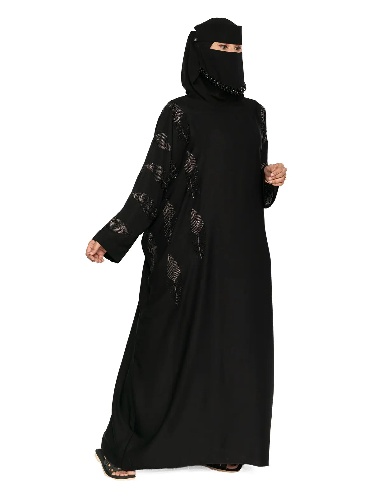 Black Leaf-Embroidered Batwing Abaya in Black