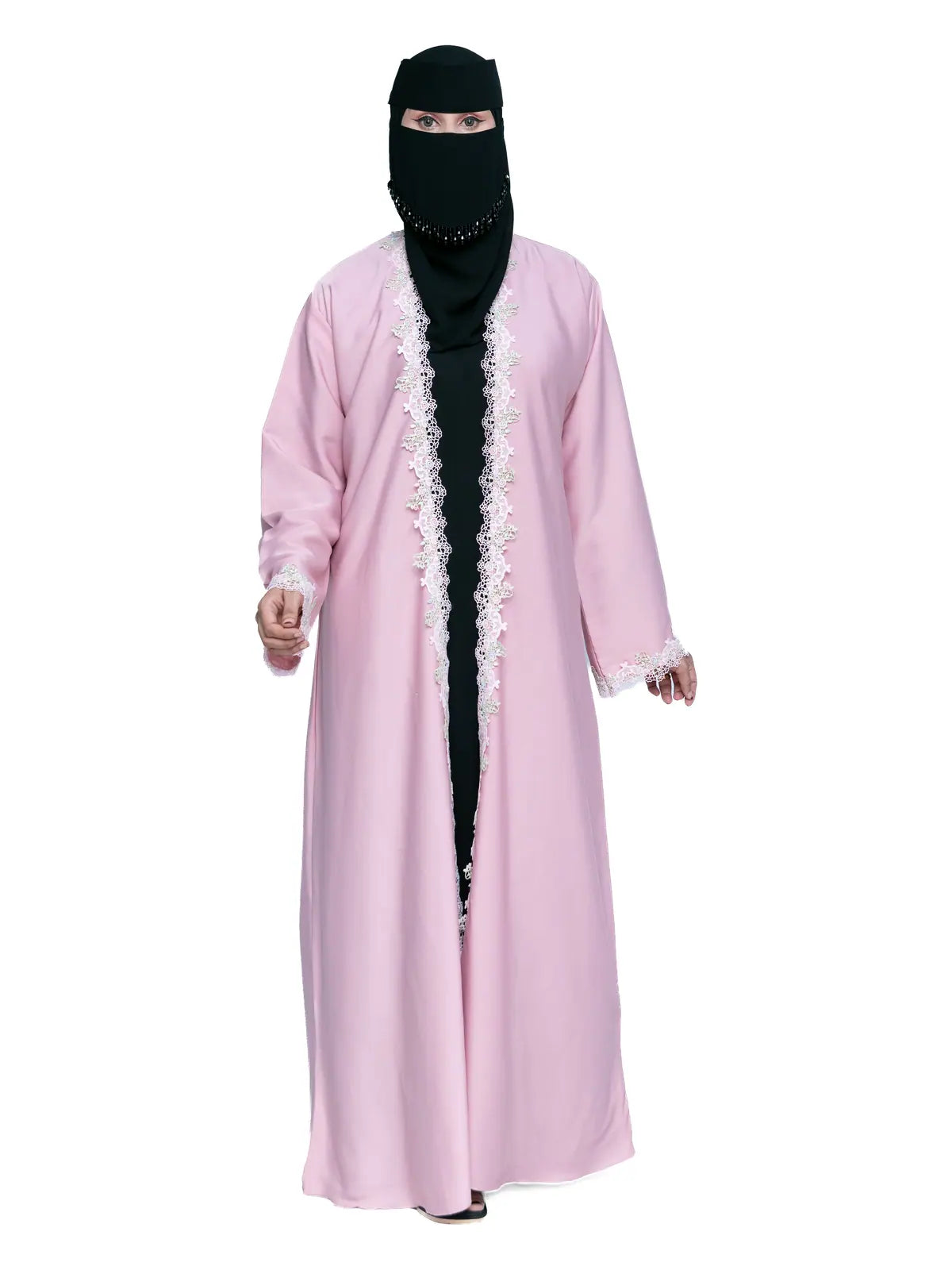 Lace-Trim Open Abaya in Pink