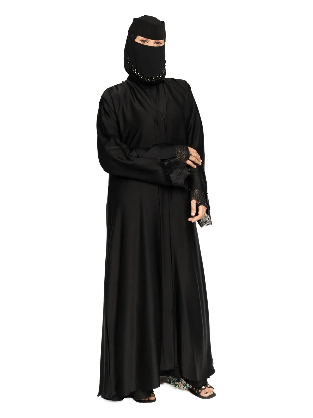 Black Lace-Cuff Abaya in Black