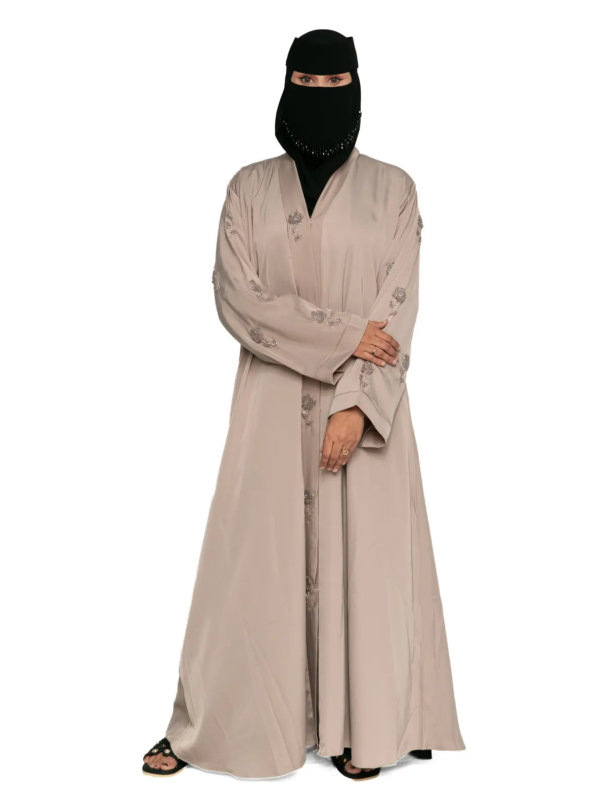 Sprig-Embroidered Abaya in Taupe