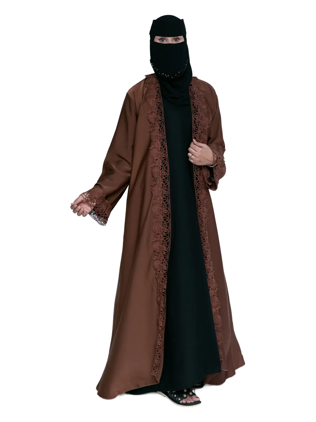 Lace-Trim Open Abaya in Chestnut