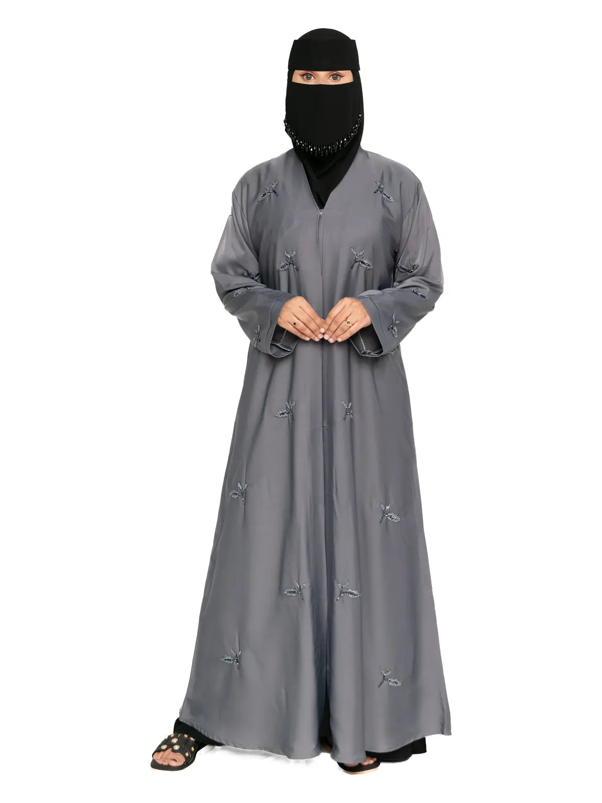 Leaf-Embroidered Abaya in Grey
