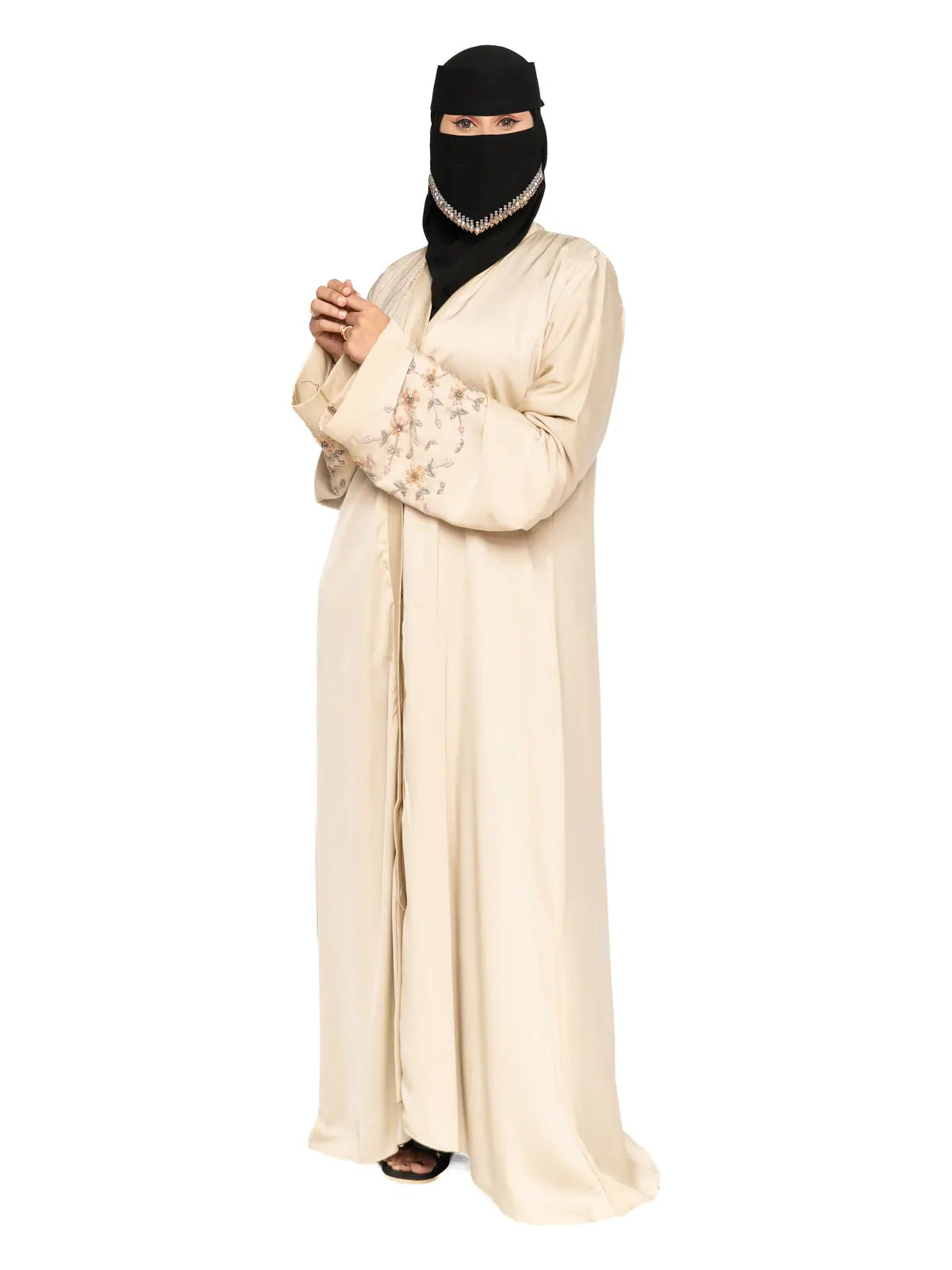 Cream Floral-Sleeve Abaya in Cream