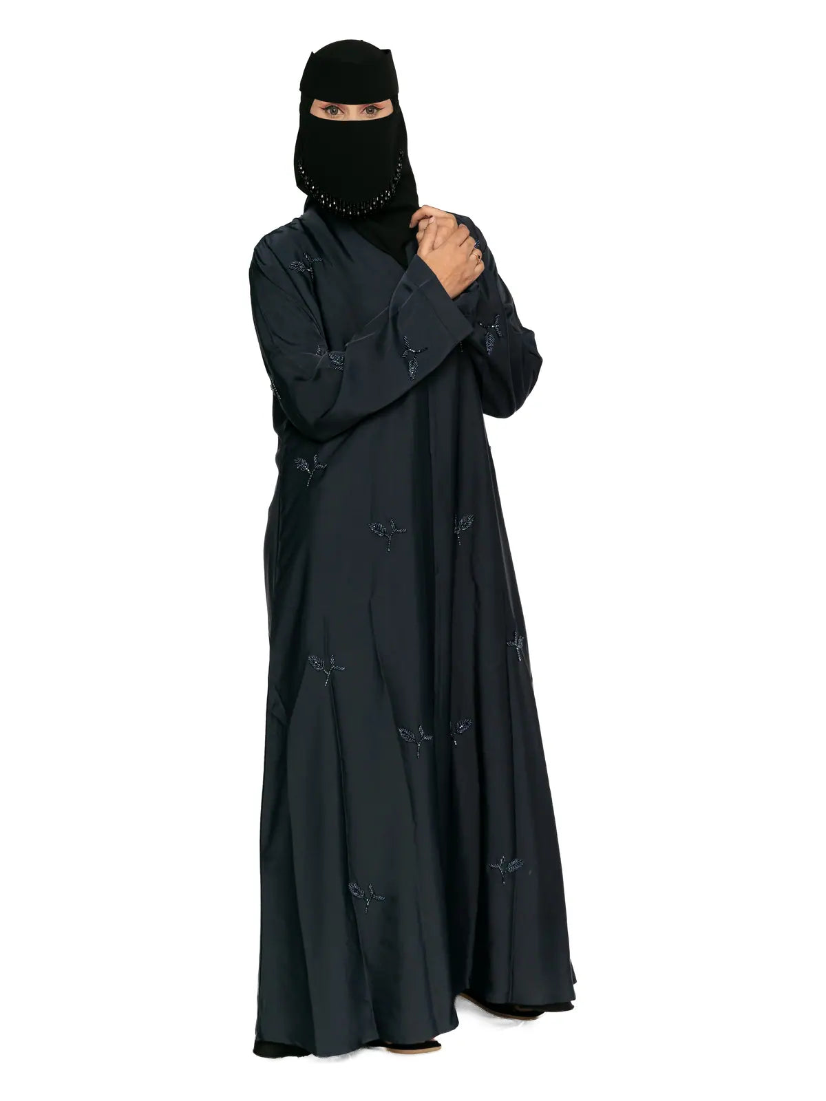Leaf-Embroidered Abaya in Midnight