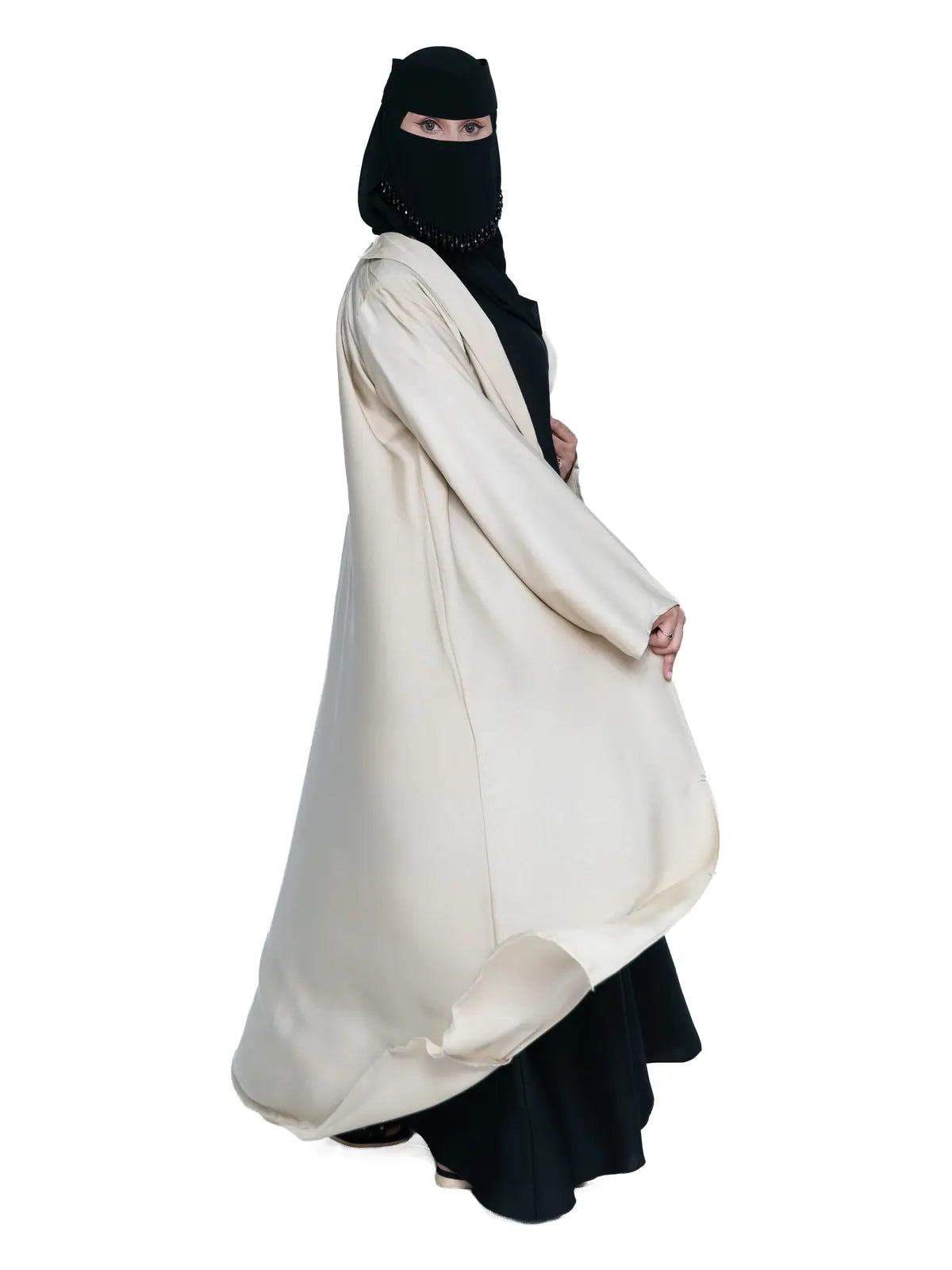 Hooded Button Abaya in Cream