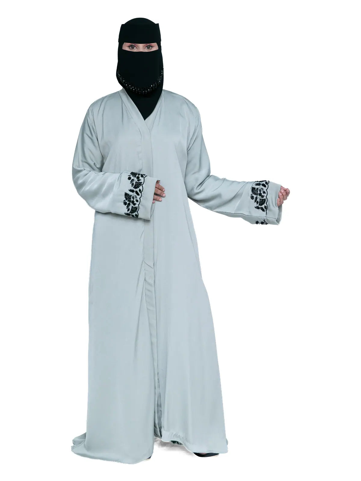 Embroidered-Cuff Abaya in Sage