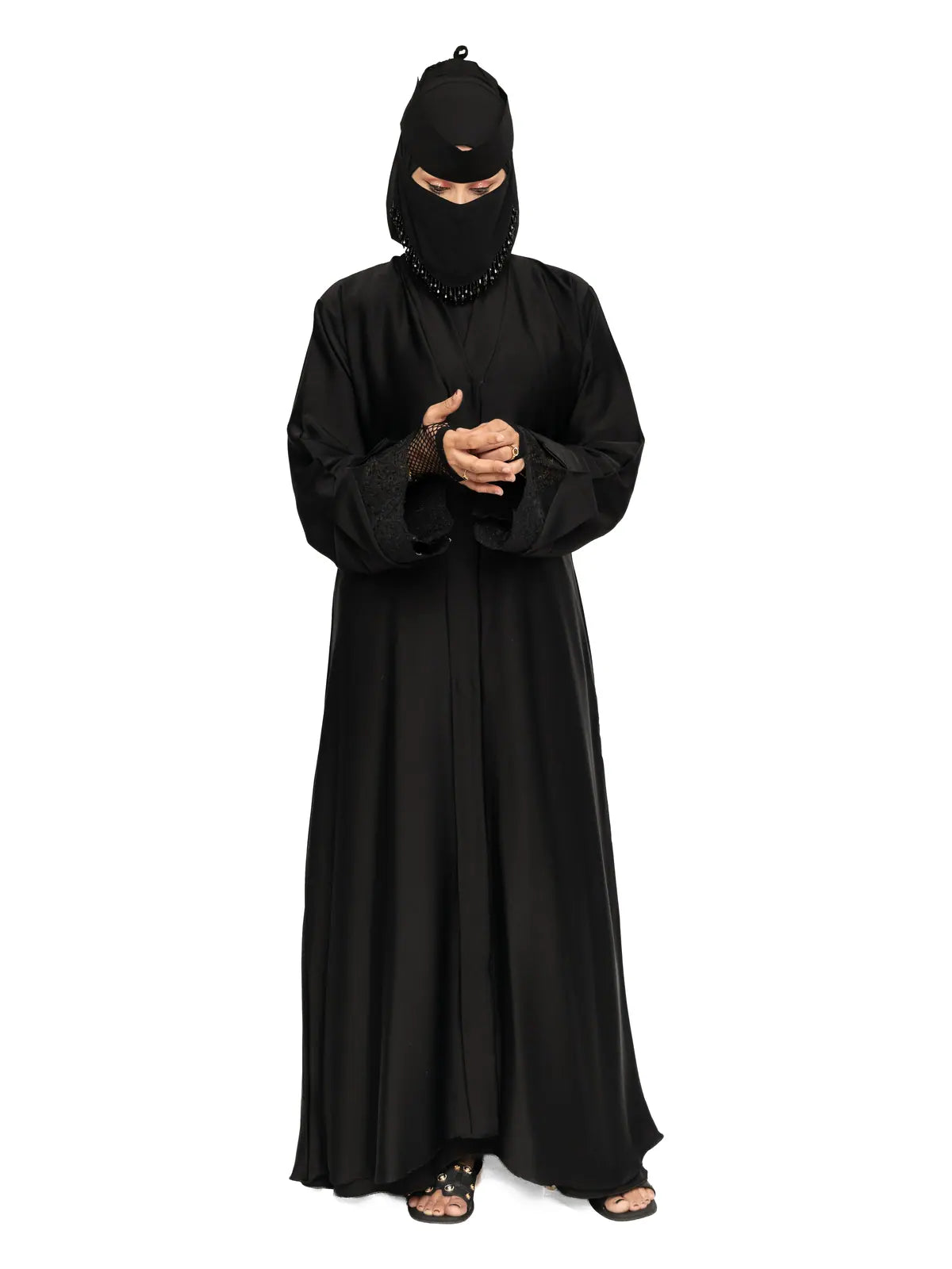 Black Lace-Cuff Abaya in Black