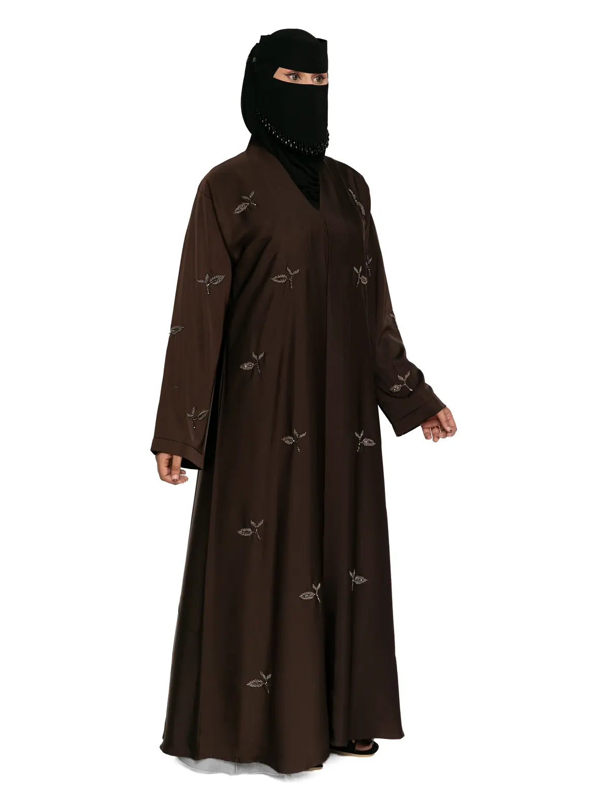 Leaf-Embroidered Abaya in Chocolate