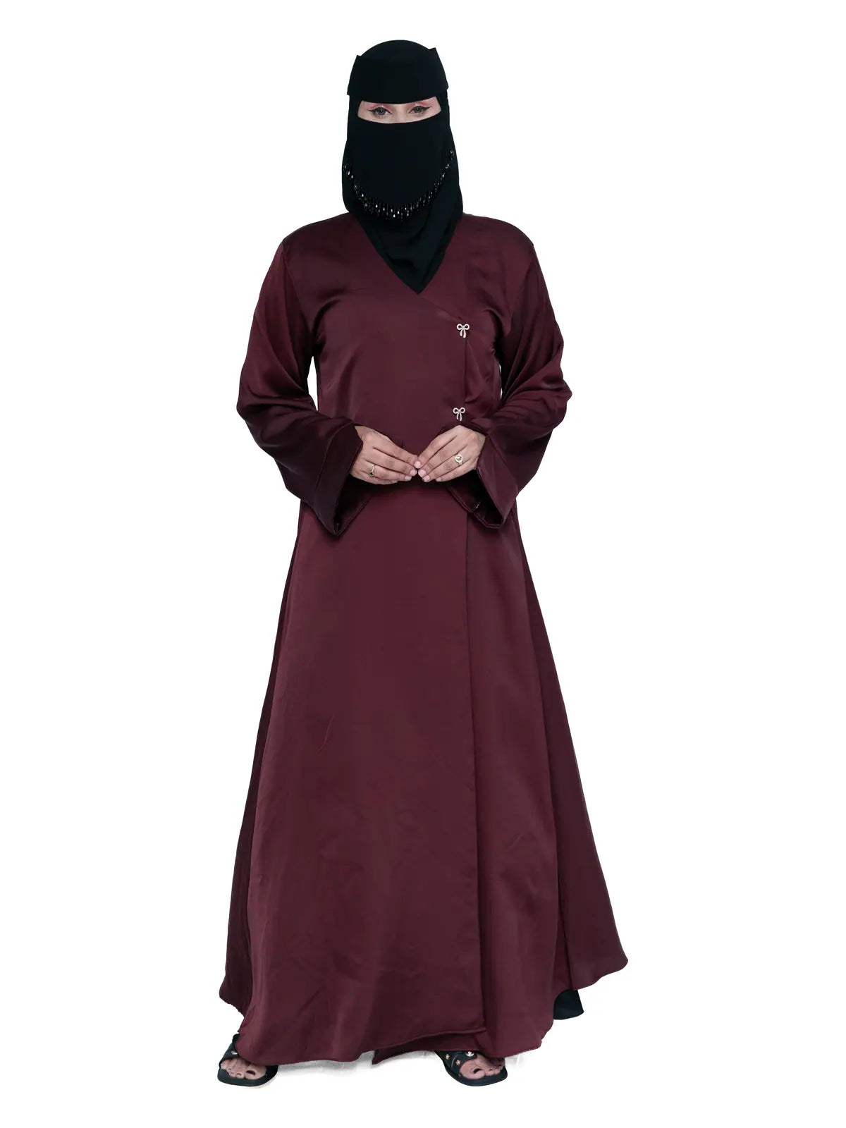 Wrap-Front Abaya in Burgundy
