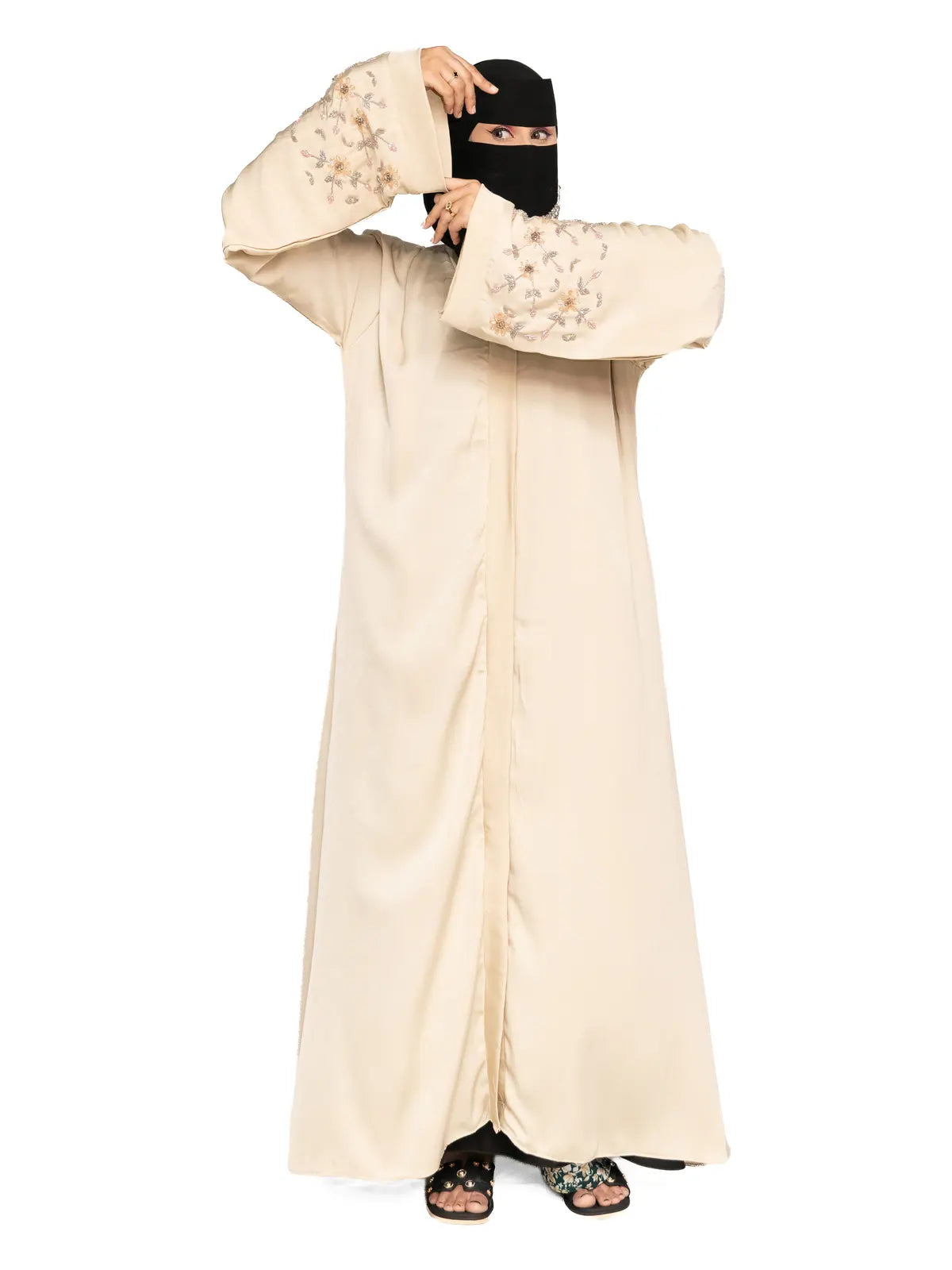 Cream Floral-Sleeve Abaya in Cream