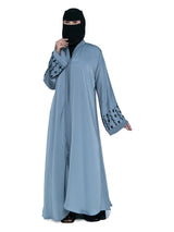 Embroidered-Cuff Abaya in Steel Blue