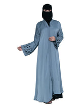 Embroidered-Cuff Abaya in Steel Blue