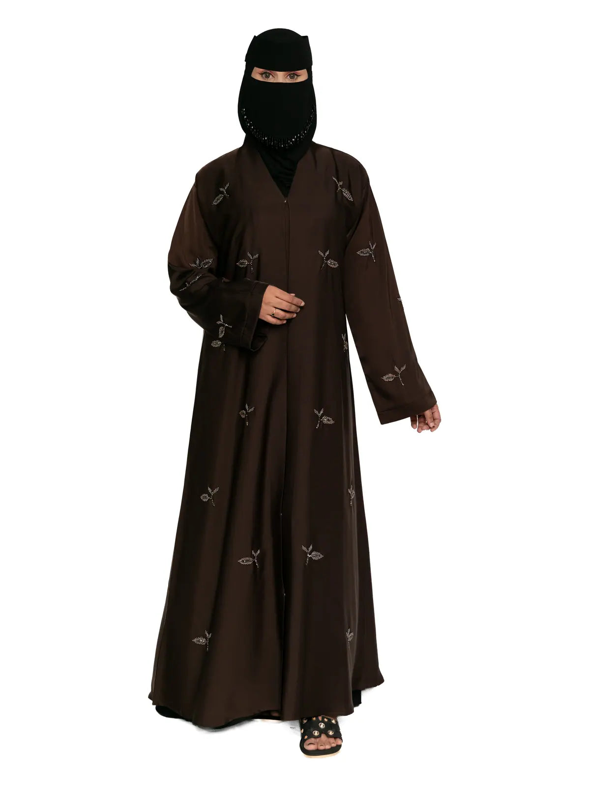 Leaf-Embroidered Abaya in Chocolate