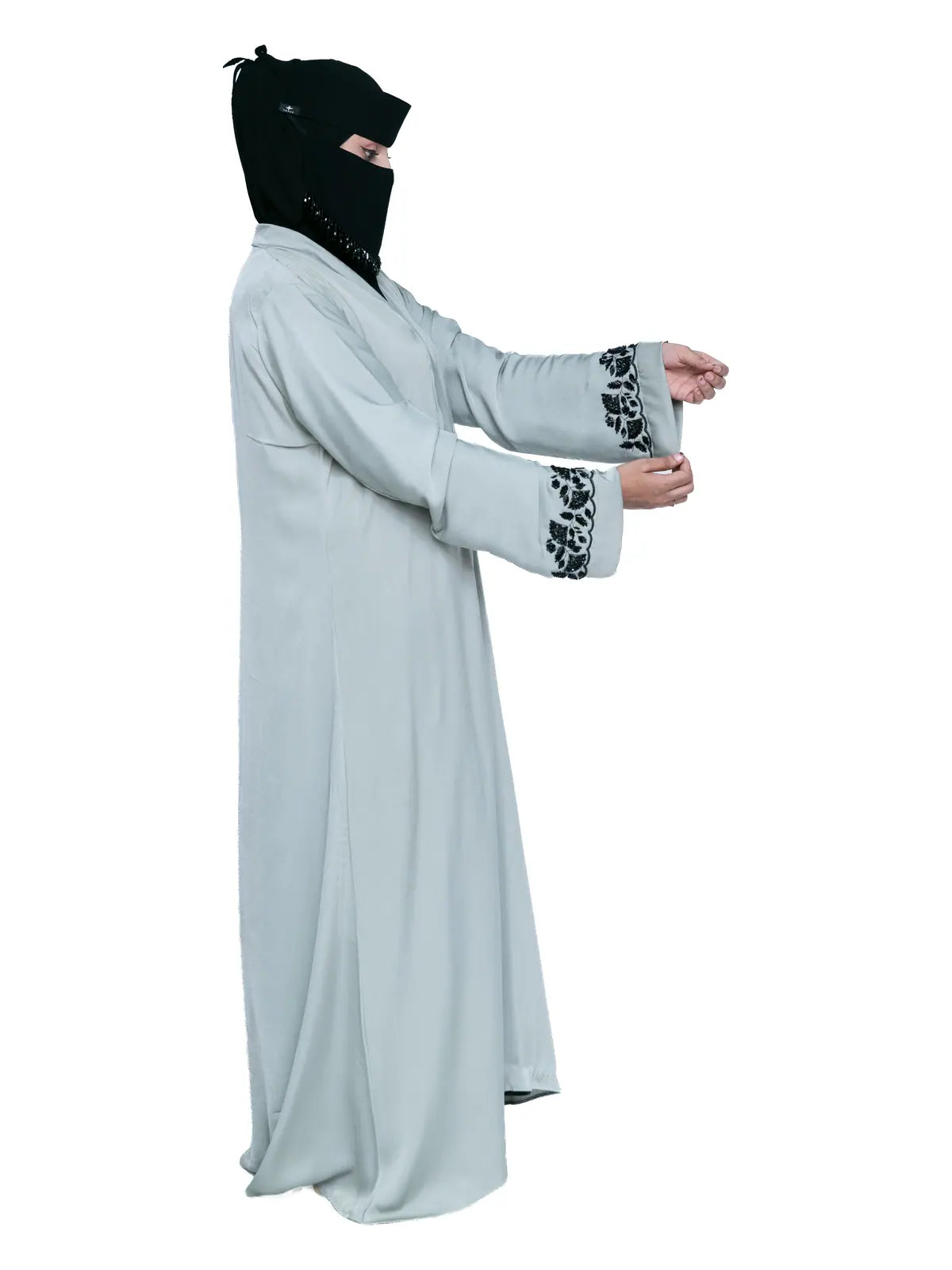 Embroidered-Cuff Abaya in Sage
