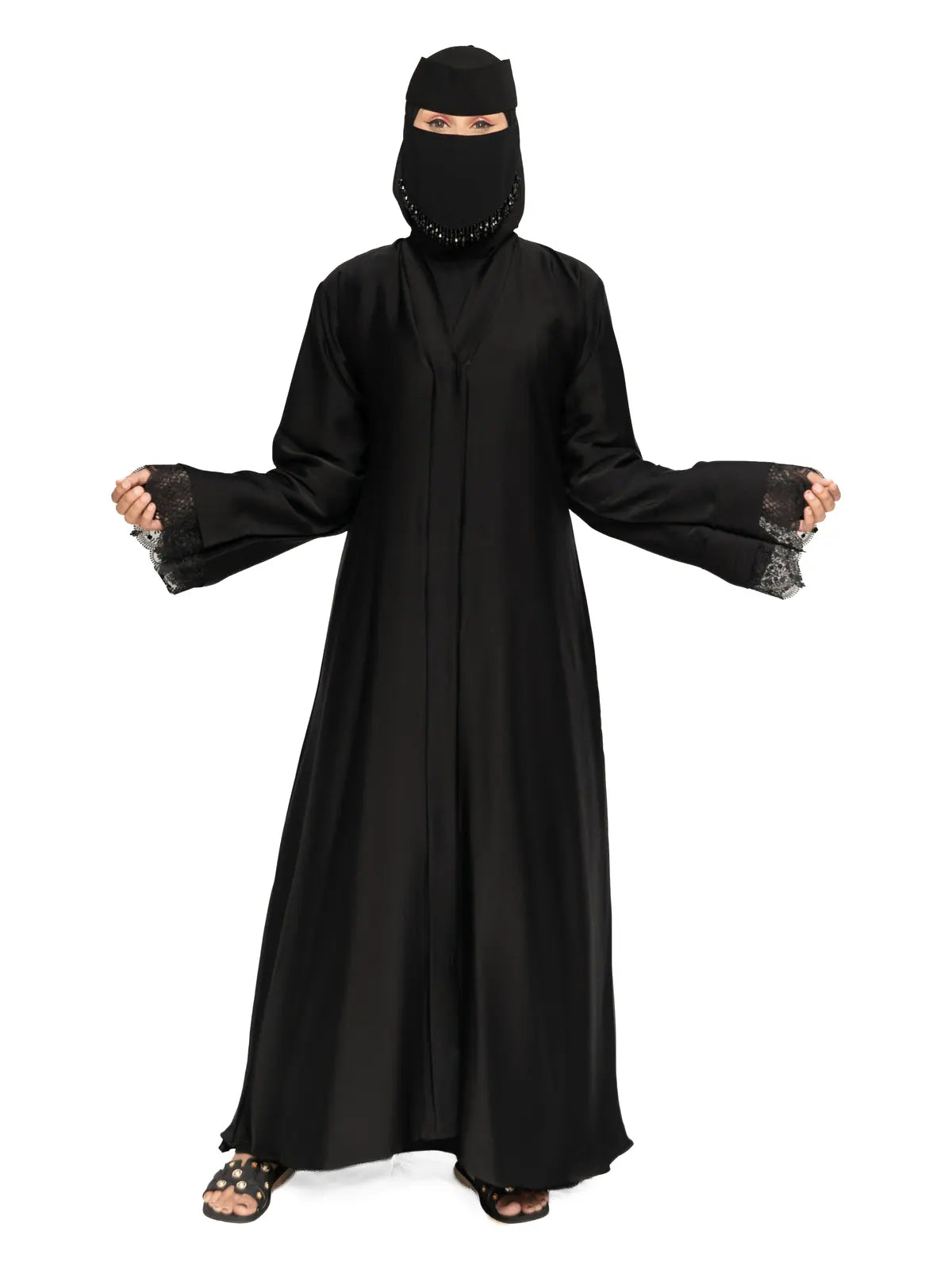 Black Lace-Cuff Abaya in Black