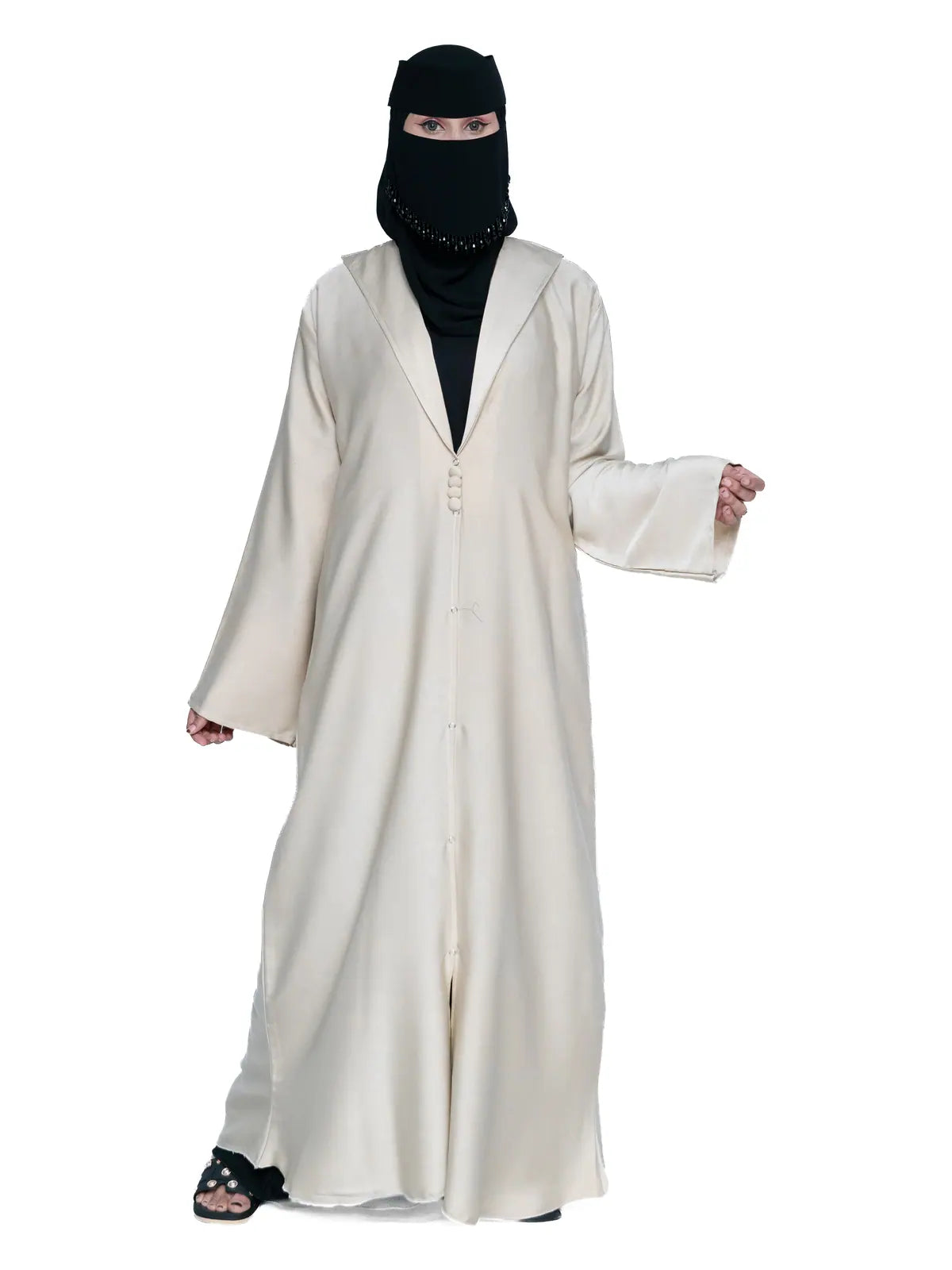 Hooded Button Abaya in Cream