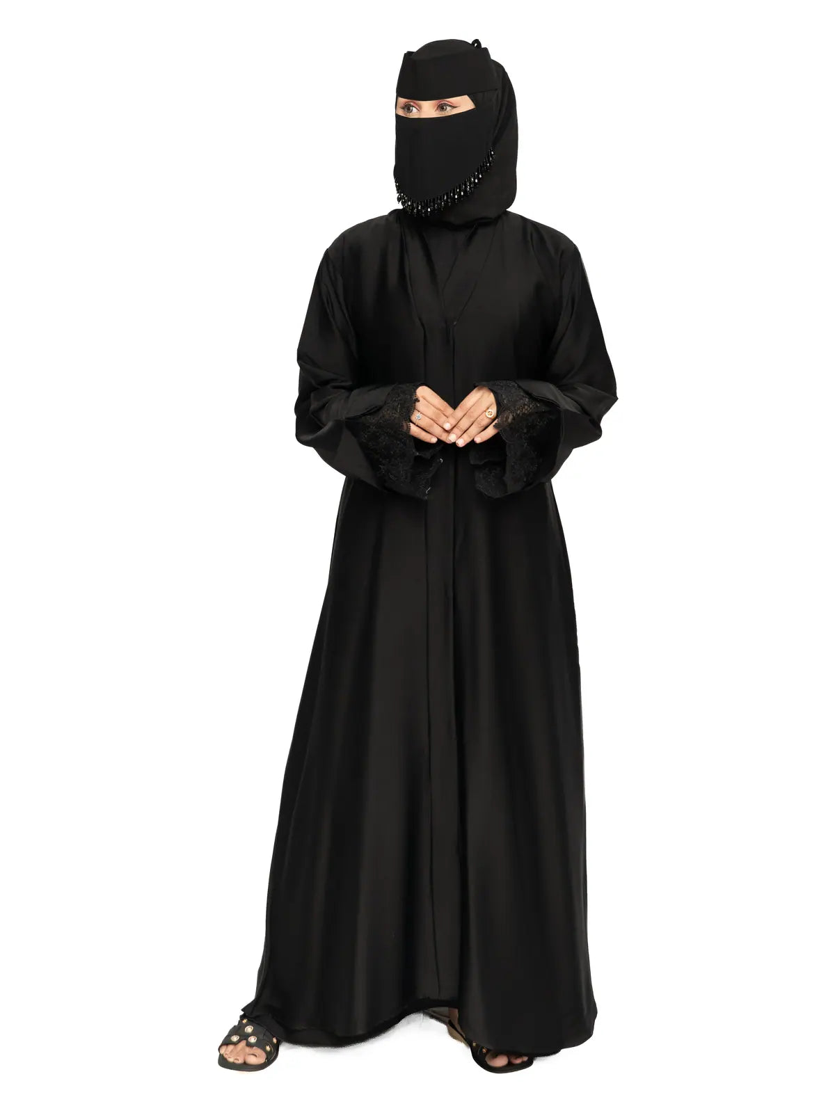 Black Lace-Cuff Abaya in Black