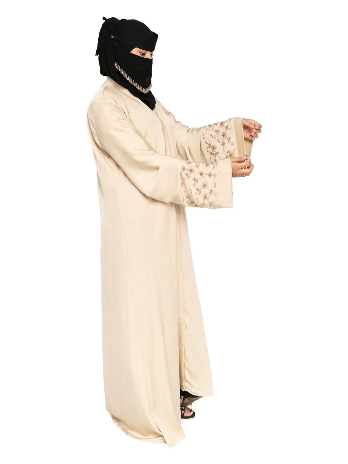 Cream Floral-Sleeve Abaya in Cream