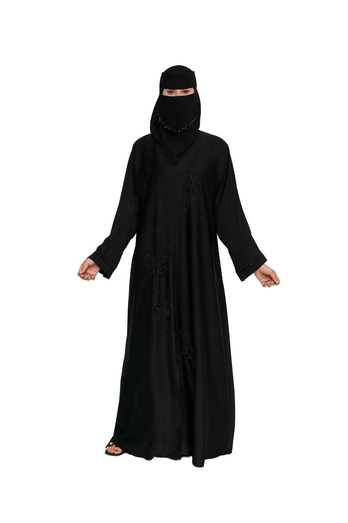 Premium Black Floral Hand Work Abaya with Niqab Set