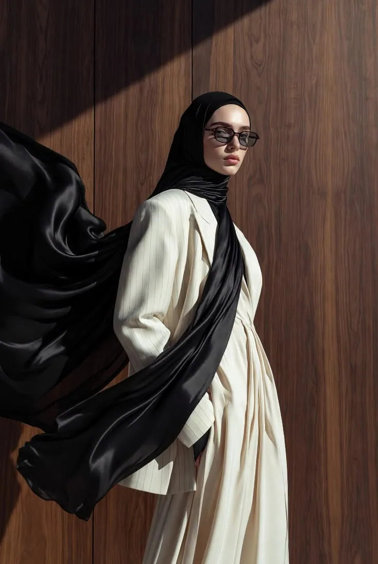 Model in a cream abaya with a flowing black satin scarf